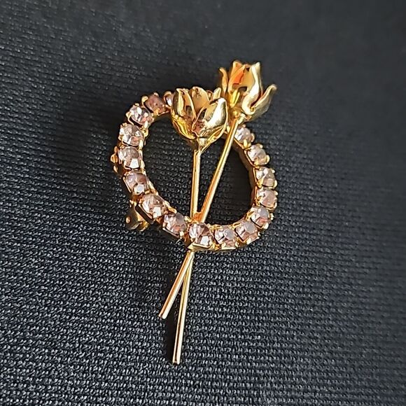 Vintage Gold Flower & Rhinestone Pin Brooch - Picture 3 of 8